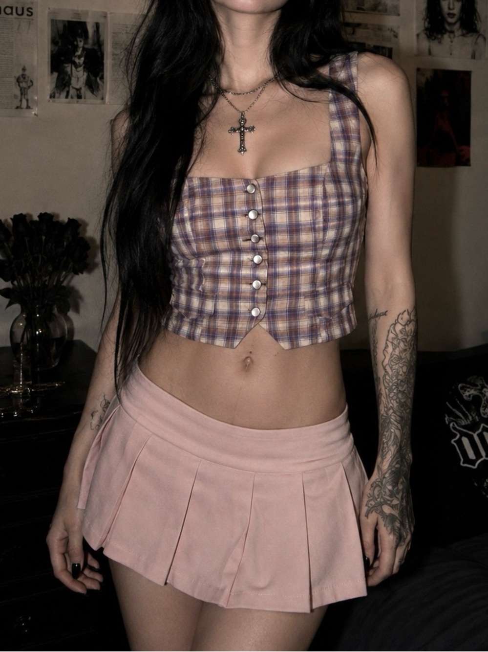 Chelsea Plaid Button-Front Cropped Tank Top - Purple/Tan